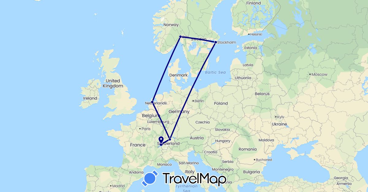 TravelMap itinerary: driving in Switzerland, Netherlands, Norway, Sweden (Europe)